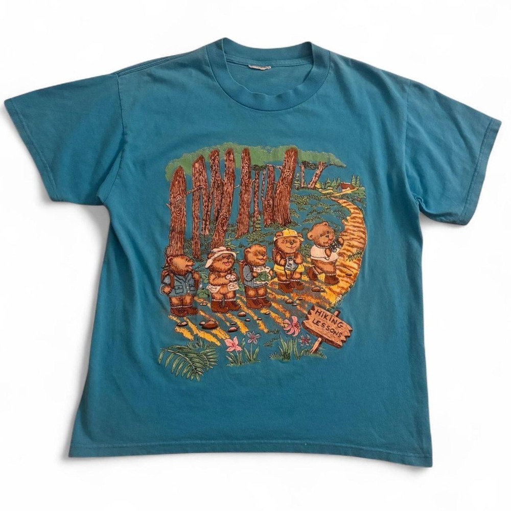 Teal Teddy Bear Hiking Lessons Graphic T-Shirt Blue Short Sleeve Crew Neck Tee